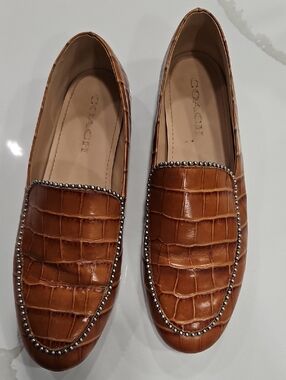 COACH Tan Croc-Embossed Leather Loafers with Stud Trim